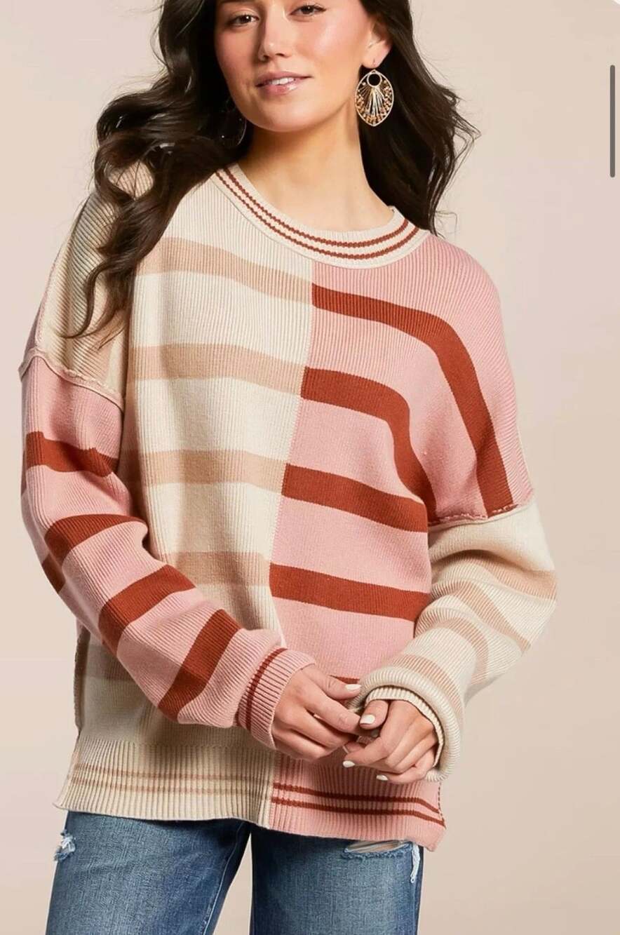New In Striped Oversized Sweater Small Pink Beige